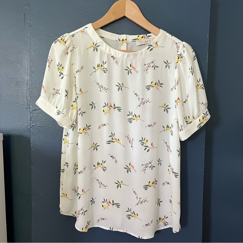 LOFT Floral and Bird Print White Blouse